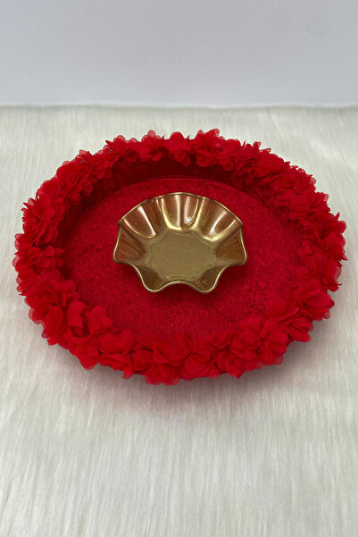 ZEYMERADE Kırmızı Gelin Kına Gecesi Tepsisi, Düğün, Sünnet, Kadife Üç Boyutlu Lazer Çiçek Süslemeli Tepsi