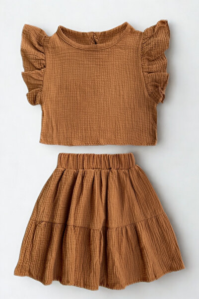 Parla Kids Girl's Muslin Brown Skirt Blouse Set