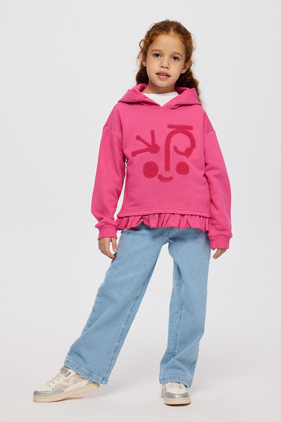 Panço Kız Çocuk Uzun Kollu Süzene Nakışlı Kapüşonlu Fuşya Sweatshirt