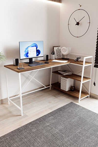 Flinder Çam/Beyaz Çift Yön Kullanıma Uygun, Raflı Çalışma Masası, Bilgisayar ...