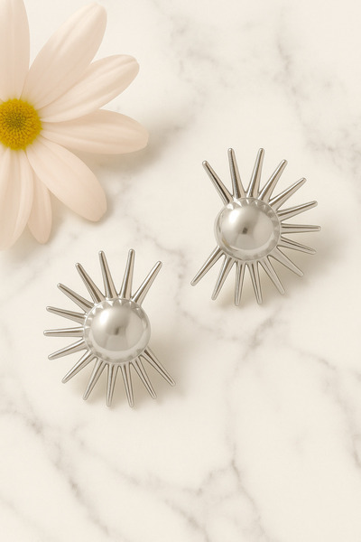 PİRLENTO أقراط نسائية من الفولاذ بتصميم نصف شمس باللون الفضي - أقراط فولاذية ...