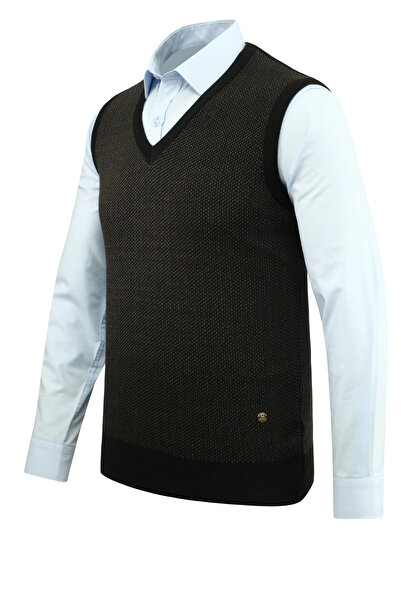 Çizgi Triko Мъжки пуловер с V-образно деколте, с мотиви, от стоманена плетена материя, с нормална кройка - 5206H