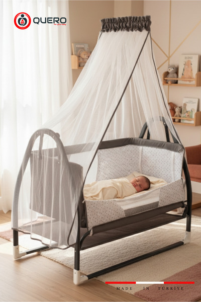 Quero Koza Anne Yanı Beşik, Sallanır, Sabitlenir, Sepetli, Tüllü, 55*100 cm Büyük Beşik, Kalın Yatak Beşik