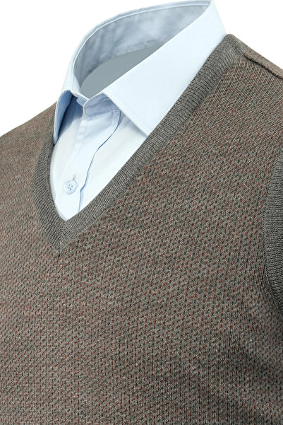 Çizgi Triko Men's V-Neck Sweater Patterned Steel Knit Regular Fit - 5206H