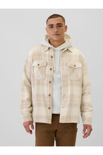 GAP Erkek Kırık Beyaz Ekose Desenli Relaxed Flannel Gömlek Ceket