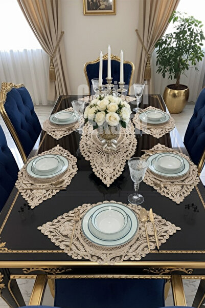 Çt Çeyizci Tekstil Amerikan Servis, 1 Runner 6 Supla Yemek Servis Takımı, Masa Örtüsü Seti, Servis Sunum Seti - Kahve