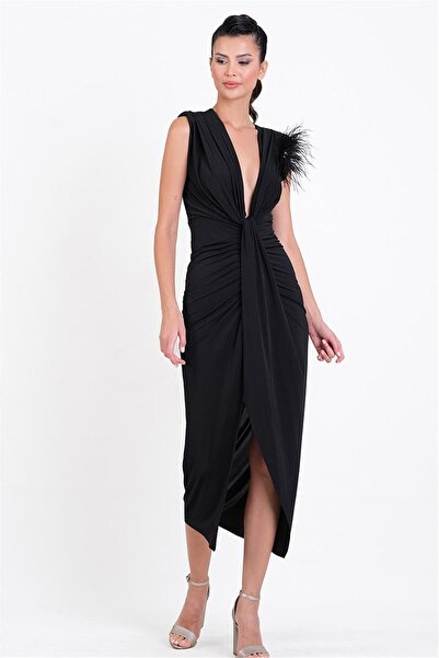 Spazio Onisto Omuz Pileli Önü Derin V Uzun Abiye Elbise SİYAH