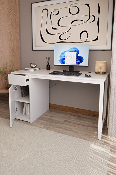 Flinder Beyaz 140X60 CM Çalışma Masası, Bilgisayar Masası, Ofis Masası Çekmec...