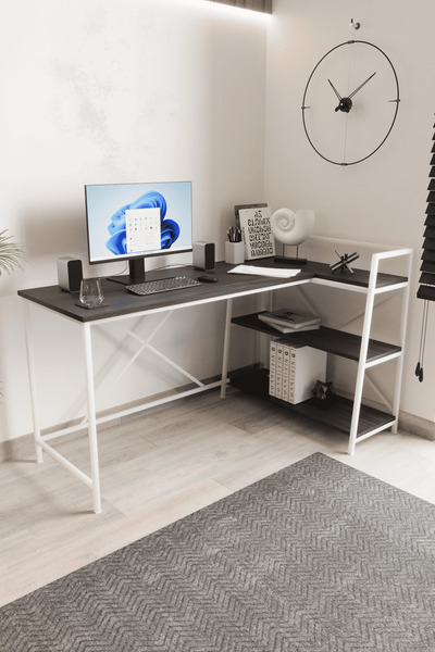 Flinder Siyah/Beyaz Çift Yön Kullanıma Uygun, Raflı Çalışma Masası, Bilgisaya...