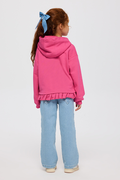 Panço Kız Çocuk Uzun Kollu Süzene Nakışlı Kapüşonlu Fuşya Sweatshirt
