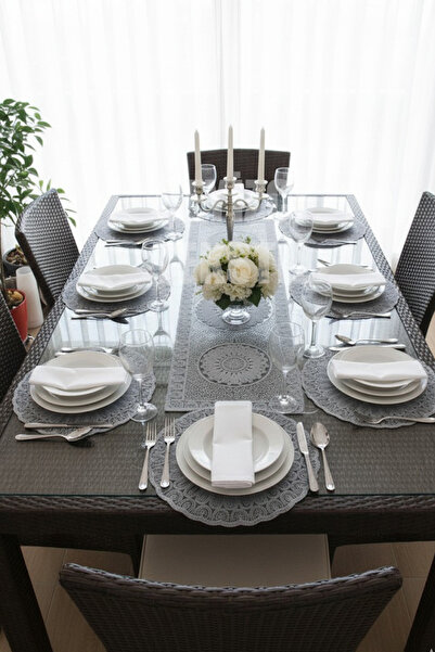 Çt Çeyizci Tekstil French Lace Runner and Supla Set (1 Runner, 6 Supla) Gray