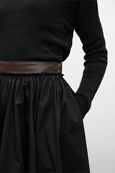 Manuka Black Wide Skirt - Leather Detail