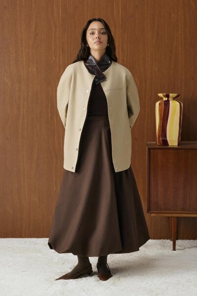 KADRİYE BAŞTÜRK Φούστα μπαλόνι με ψηλή μέση και λεπτομέρεια πλισέ καφέ