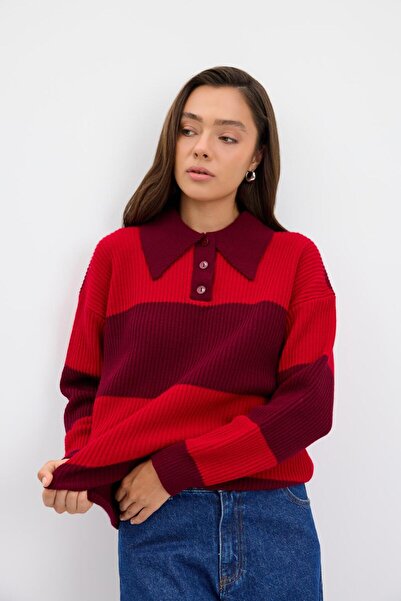 KADRİYE BAŞTÜRK Polo Neck Double Color Knitwear Sweater Claret Red
