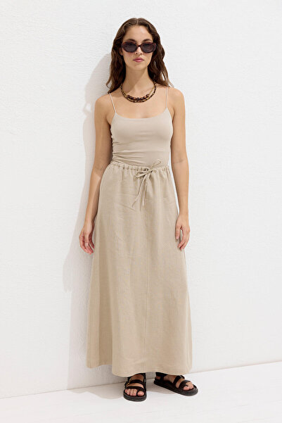 Manuka Sand Colored Lace-Up Linen Skirt