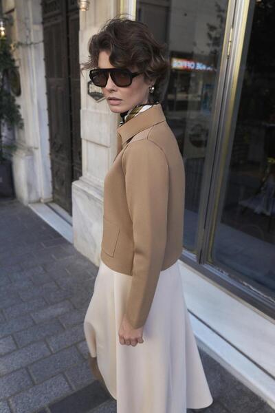 KADRİYE BAŞTÜRK Düz Renk Midi Triko Hırka Camel