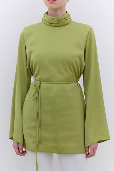 Manuka Green Satin Wide Sleeve Tunic