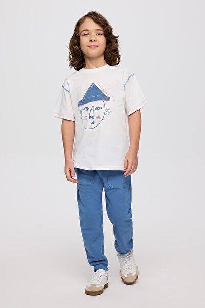 Panço Erkek Çocuk Baskı Detaylı Kısa Kollu Beyaz Tişört