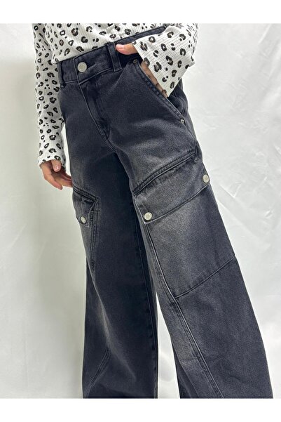 Ede Tekstil Kız Çocuk Cepli Geniş Paça Siyah Kot Pantolon