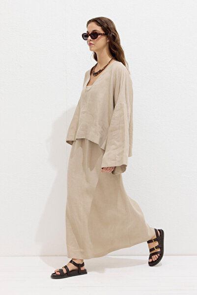 Manuka Sand Colored Lace-Up Linen Skirt