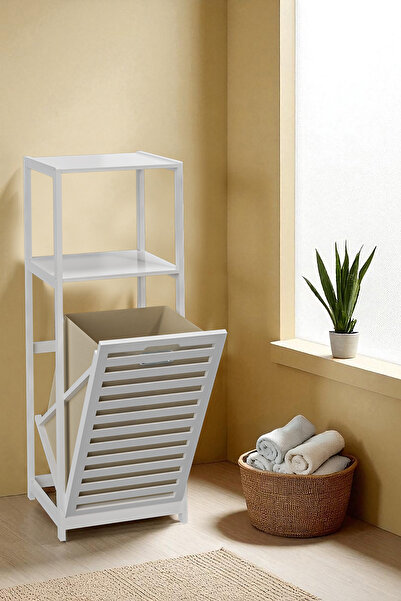 Digithome Bambu Beyaz Mat Lake Kirli Sepetli 2 Raflı Banyo Düzenleyici Çamaşır Sepeti DB-0020 - HYT