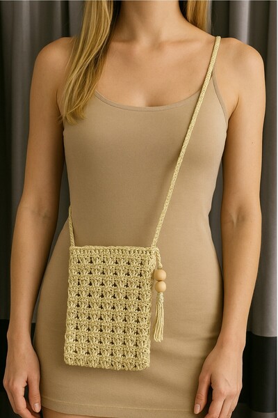 CHANCE GİFT Straw Hand-Knitted Mobile Phone Bag Women's Wallet Makeup Bag Suitable for All Phones with Drawstring Strap