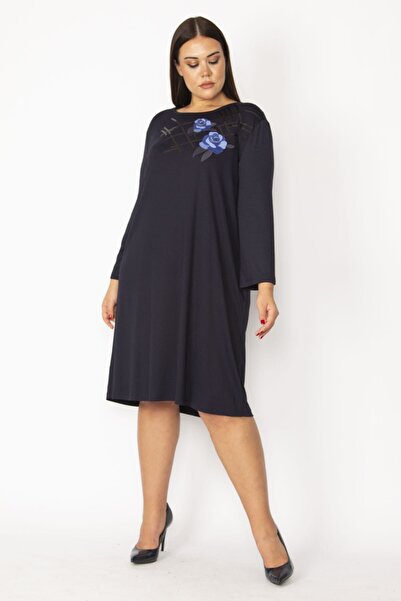 Şans Women's Large Size Navy Blue Embroidery and Sequin Detailed Long Sleeve Dress 65n28729