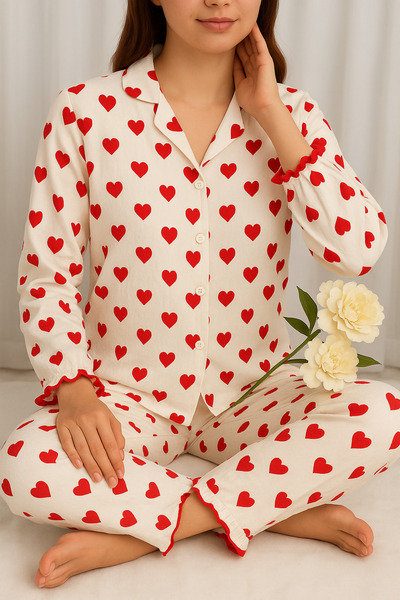 ELİTOL Kalp Desenli Bürümcük Örme Uzun Kol Kadın Düğmeli Pijama Takımı