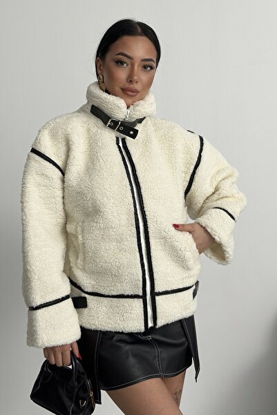 ALFUDO Moda Collection Viral Teddy Plush Biker Ecru Jacket