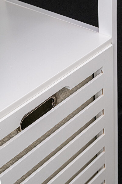 Digithome Bambu Beyaz Mat Lake Kirli Sepetli 2 Raflı Banyo Düzenleyici Çamaşır Sepeti DB-0020 - HYT