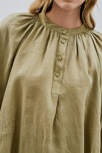 Manuka İNCE KETEN YAKASI BÜZGÜLÜ GÖMLEK HAKİ