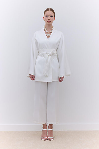 Manuka Satin Belted Kimono Ecru