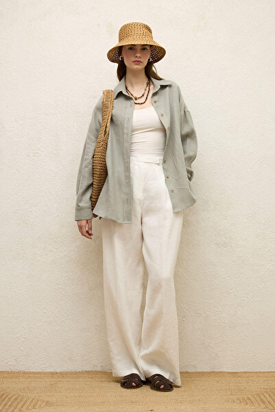 Manuka Oversize plátěná košile - zapínání na knoflíky, mátová barva