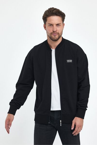 LİVE SPORT سترة رجالية سوداء بياقة كلية مصنوعة من 3 خيوط من القماش السميك