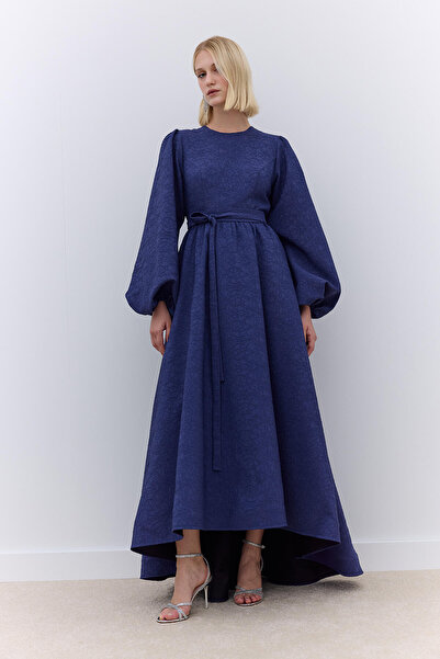 Manuka Večerní modré Jacquard Sweep Train večerní šaty