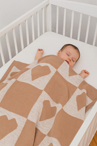 Sebir Moda Heart Patterned Checkered Knitwear Baby Blanket 90X90Cm