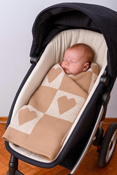 Sebir Moda Heart Patterned Checkered Knitwear Baby Blanket 90X90Cm