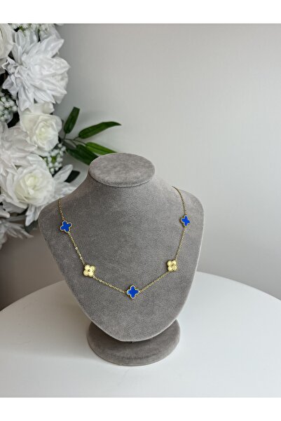 RENGARENG Gold Ve Mavi Taşlı Yonca Çelik Kolye 45cm Arkadaşa Sevgiliye Hediye