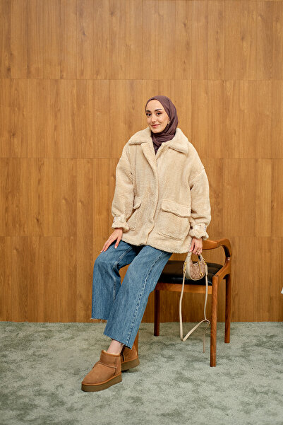 LOCCO Γυναικείο παλτό με βελούδινη επένδυση σε κρεμ χρώμα - με ζώνη στο μανίκι