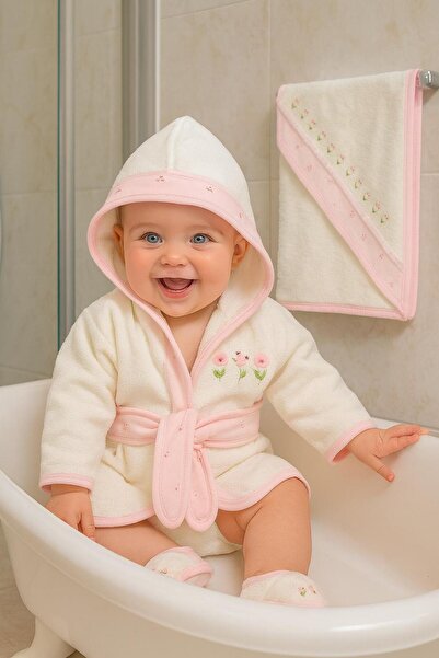 BYS BABY FASHION طقم منشفة ورداء حمام للأطفال البنات مطرز بزهرة التوليب الصغي...