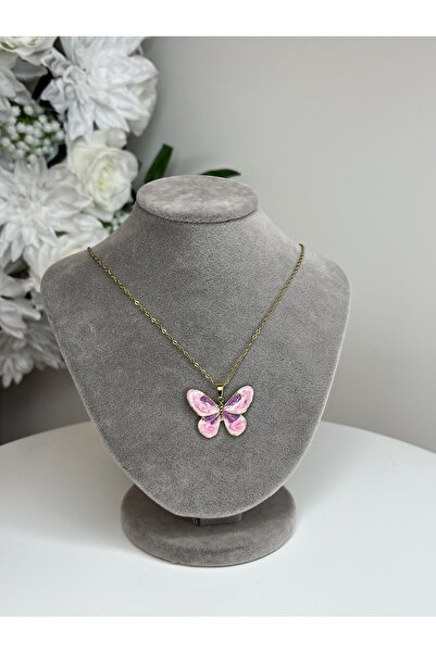 BEREN KILIÇ Gold Pembe Kelebekli Çelik Kolye 45 cm Hediye Kolye Arkadaşa Sevg...