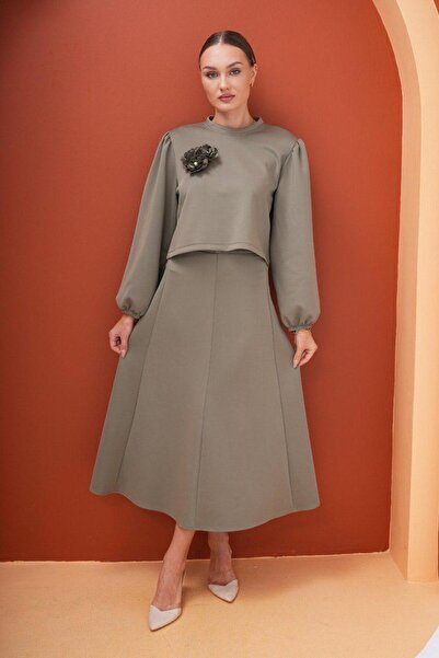 MODAJİN Khaki Colored Double Set - Dadali Flower Detailed Skirt and Top