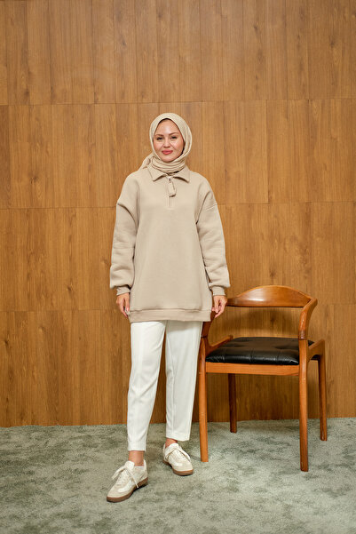 LOCCO Kadın Yarım Fermuar Detay Sweat Krem