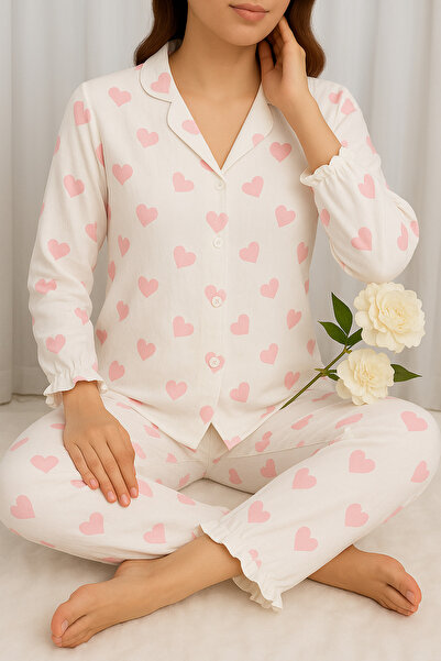 ELİTOL Heart Patterned Wrinkled Knitted Long Sleeve Women's Buttoned Pajama Set