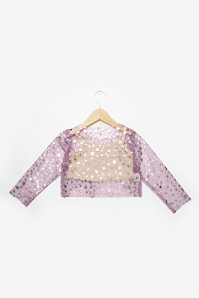 Le Mabelle Girl's Lilac Starry Long Sleeve Crop Tulle