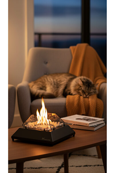 Vanguard Metal Siyah Renk Masaüstü Şömine Sertifikalı Yakıt Ve Dekoratif Taş ...