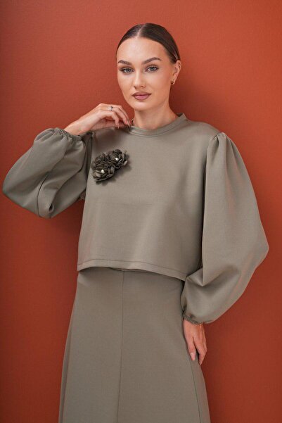 MODAJİN Khaki Colored Double Set - Dadali Flower Detailed Skirt and Top