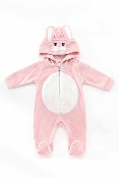 mia mia Zippered Rabbit Ears Hooded Velvet Jumpsuit