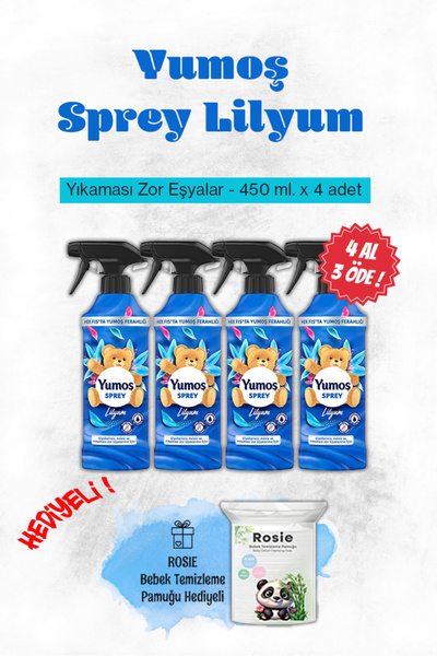 Yumoş 4 AL 3 ÖDE Sprey Yıkaması Zor Eşyalar Için Lilyum 450 ml, Rosie Pamuk H...