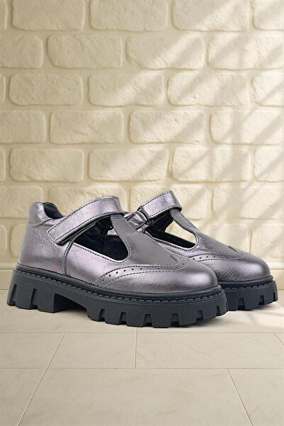 Rakerplus Genuine Leather Platinum Black Sole Velcro Girls' School Shoes